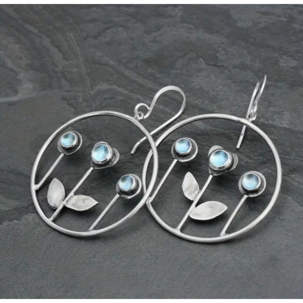 Circle 3 Blue Stone Flower Earrings Dangle